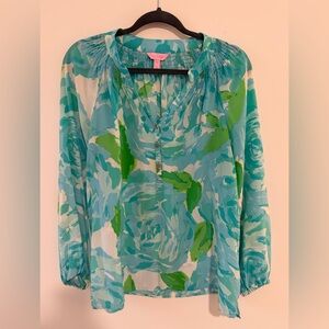 *EUC* Lilly Pulitzer Silk Blouse w/ Watercolor Style Floral Prints